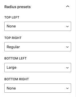 The "Radius presets" Inspector panel with one dropdown per corner, each set independently.