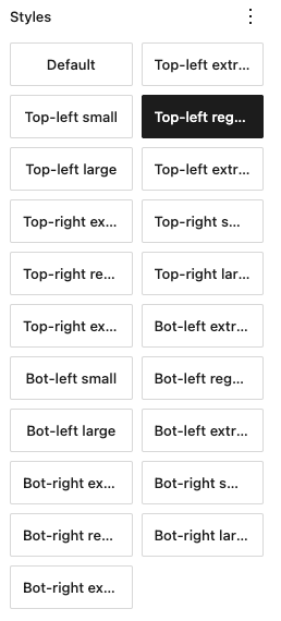 The native "Styles" tab listing 20 separate, mutually-exclusive block styles, one per corner/size combination.